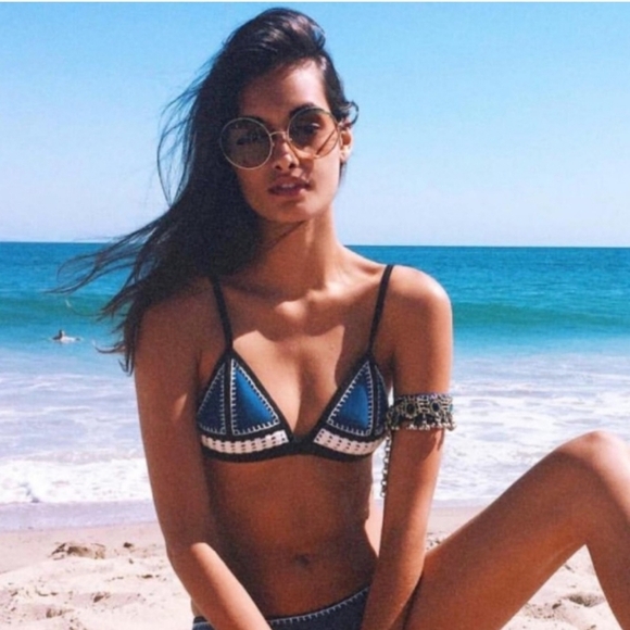 Triangl Crochet Neoprene Bikini Top Navy with Blue and White Swim Bathing XS - Picture 8 of 13